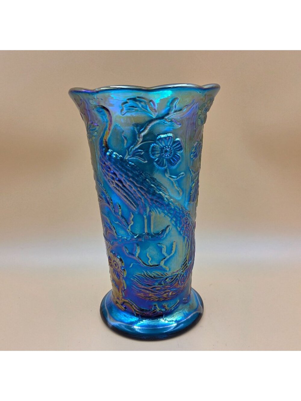 Fenton Collectors Club Aqua Blue Carnival Glass Peacock Footed Vase